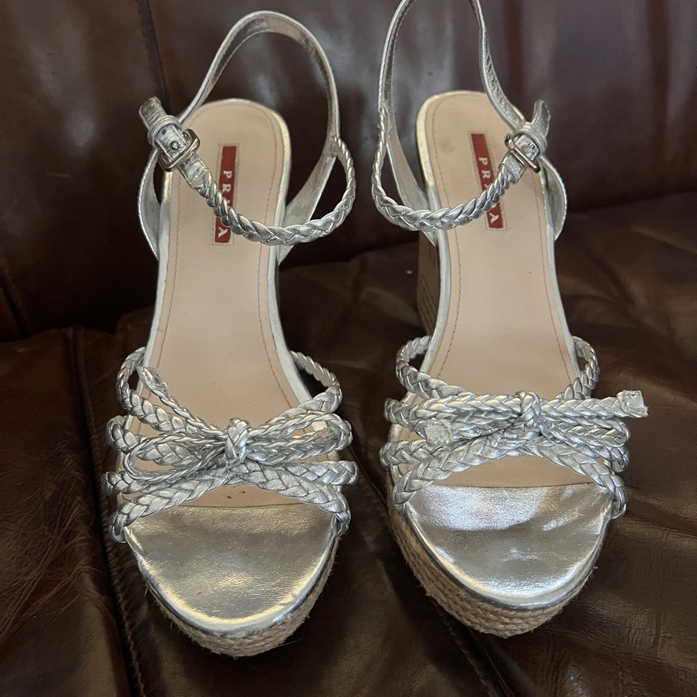 Prada Silver Strappy Sandals with Intricate Design